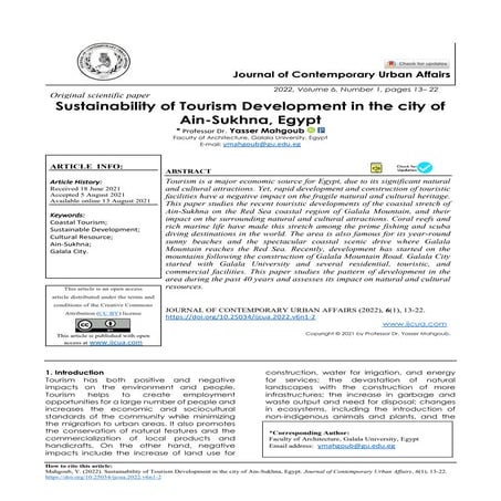 Sustainability of Tourism Development in the city of Ain-Sukhna, Egypt