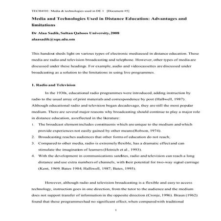 5. Media and Technologies Used in Distance Education I