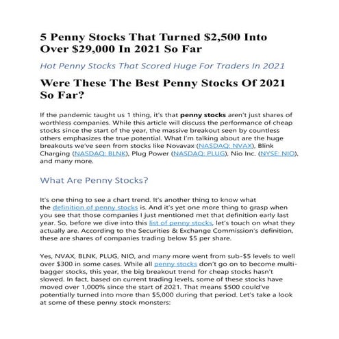 5 Penny Stocks Turned $2,500 Into Over $29,000 In 2021 | PDF