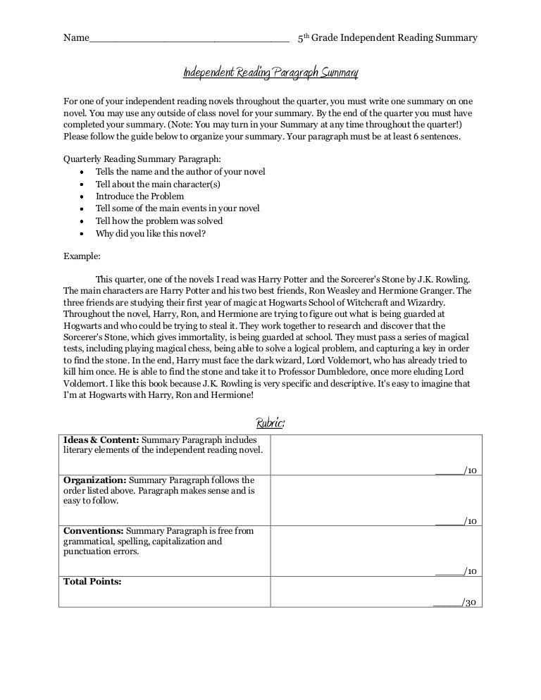 5th Grade Independent Reading Paragraph Summary