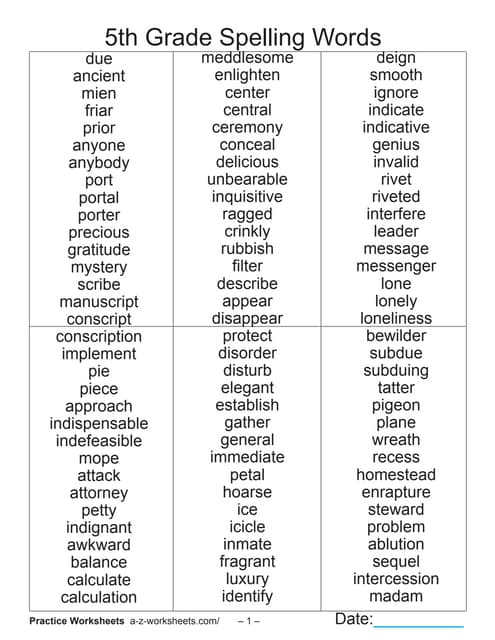 5th grade spelling words list