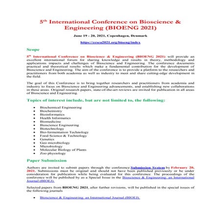 5th International Conference on Bioscience & Engineering (BIOENG 2021)