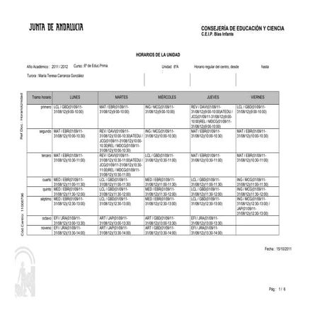 Horario grupos Sexto de la Educación Primaria Curso 2011 12