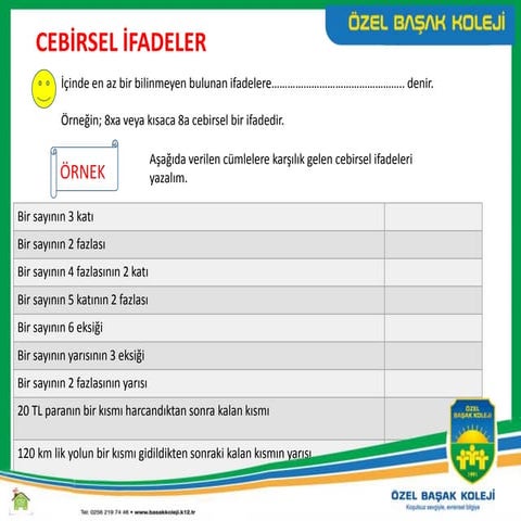 6. Sınıf Matematik 4. Ünite 2. Bölüm Cebirsel İfadeler