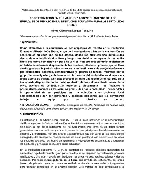 Investigadores de la tierra (Concientización en el manejo y aprovechamiento d...
