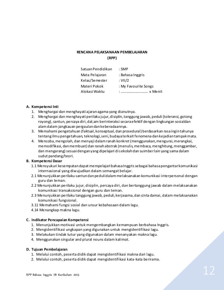 6 Rpp B Inggris 7 B K 13 My Favourite Songs