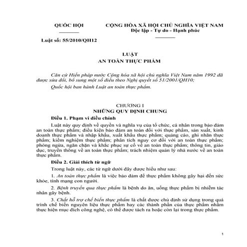 Luật an toàn thực phẩm 55/2010/QH12