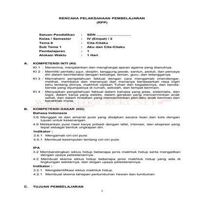 RPP K13 Kelas 4 Revisi Terbaru Semester 2 Tahun 2018 tema 6