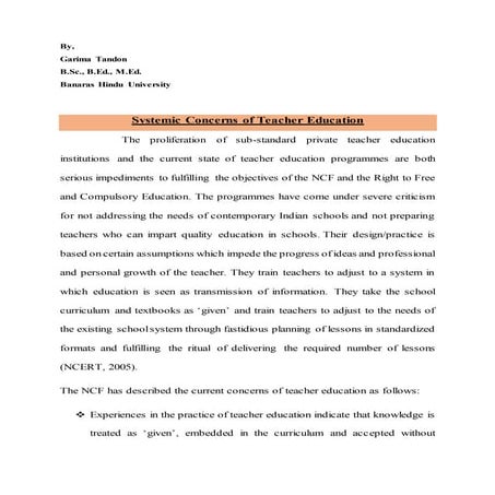 Systemic Concerns of Teacher Education by Garima Tandon