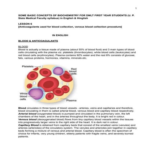  SOME BASIC CONCEPTS OF BIOCHEMISTRY (Lesson 6 : Anticoagulants used for blood collection, venous blood collection procedure) FOR DMLT FIRST YEAR STUDENTS (U. P. State Medical Faculty syllabus) in English & Hinglish