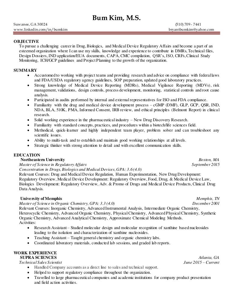 6 32016 regulatory affairs entry level resume bum kim