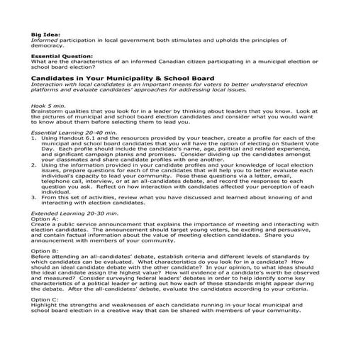 Municipal Election Lesson 2 Levels Of Government In Canada PDF