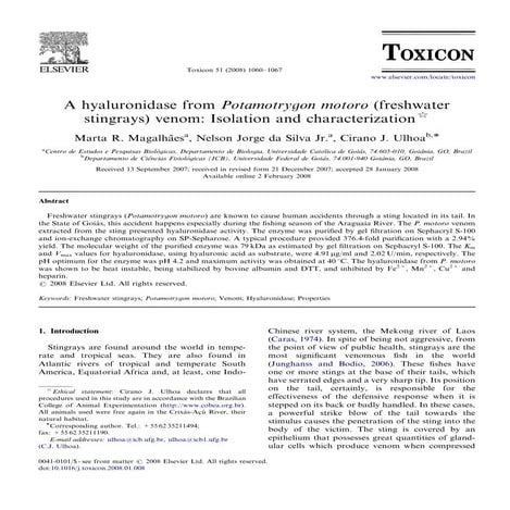 6  magalhães et al 2008 a hyaluronidase from potamotrygon motoro (freshwater