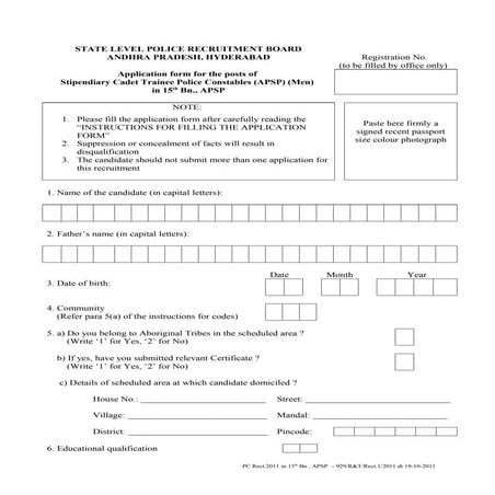 6. police constables rect. 2011 in 15th bn., apsp    application form - 7 pages