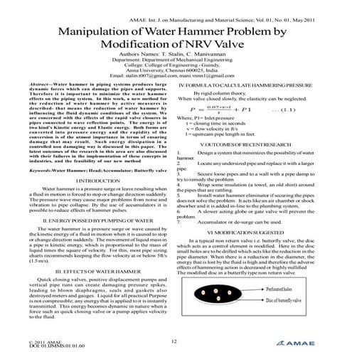 Manipulation of Water Hammer Problem by Modification of NRV Valve
