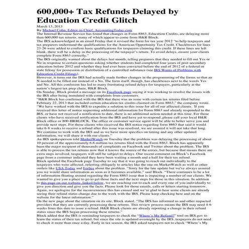 600,000+ tax refunds delayed by education credit glitch