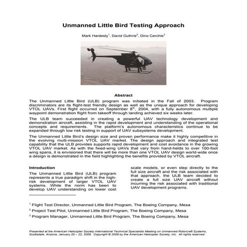 Unmanned Little Bird Testing Approach - AHS Tech Specists Meeting Jan 2009