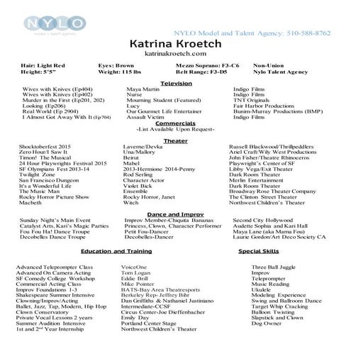 Professional Nylo Acting Resume | DOCX