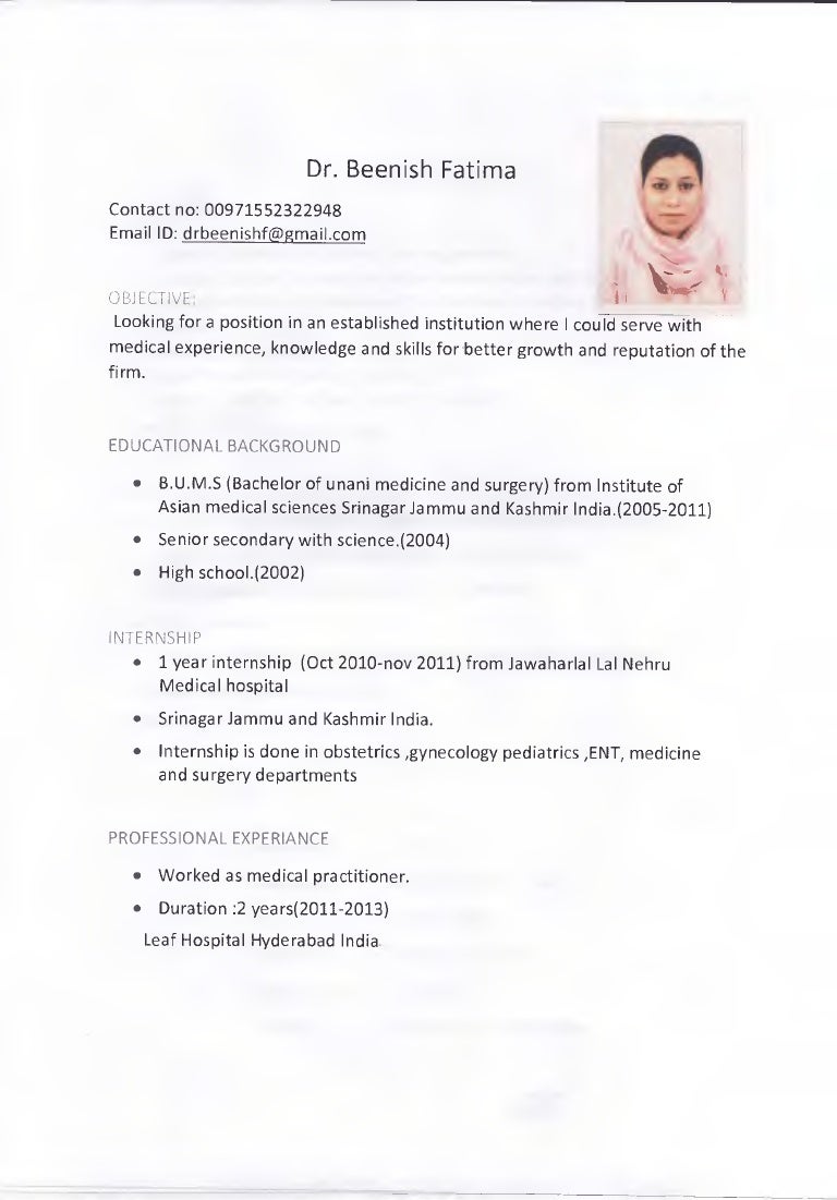 dr beenish fatima cv