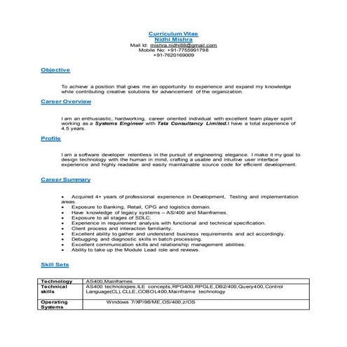 Nidhi_Mishra_Systems_Engg_Resume AS400 | DOCX