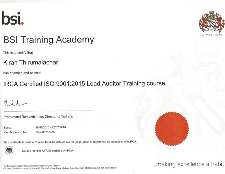 Lead Auditor certificate (IRCA)