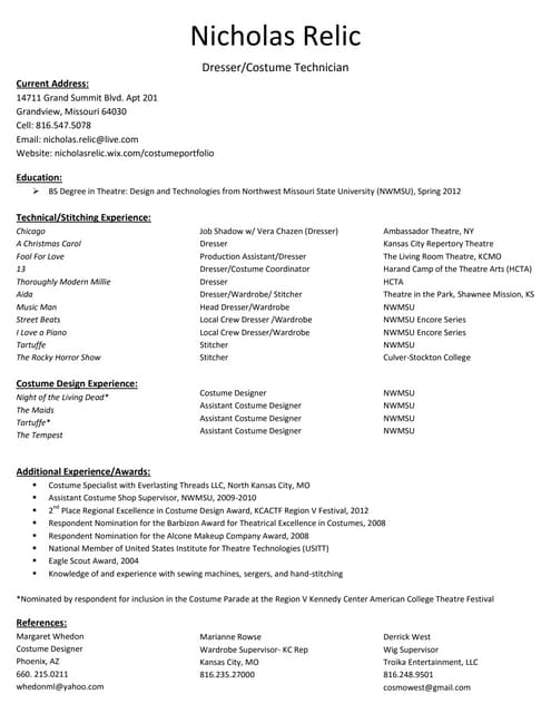 Costume Technician Resume