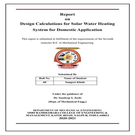 Design Calculations for Solar Water Heating System