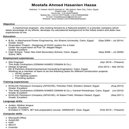 Mechanical engineer Ahmed Hamdy Awad c.v | PDF