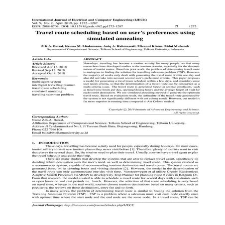 Travel route scheduling based on user’s preferences using simulated annealing