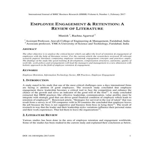 EMPLOYEE ENGAGEMENT & RETENTION: A REVIEW OF LITERATURE