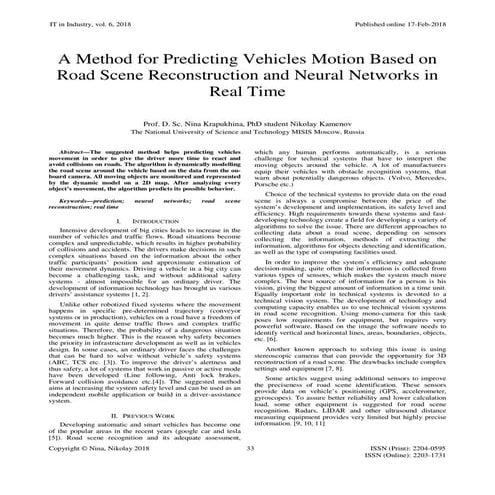 A Method for Predicting Vehicles Motion Based on Road Scene Reconstruction an...