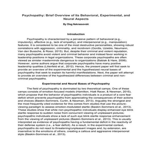 Psychopathy - Brief Overview of Its Behavioral, Experimental, and Neural Aspects | PDF