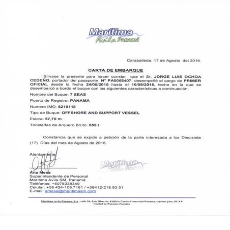 Sea Letter Marítima Ávila SM, CA