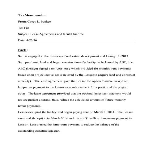 Tax Memorandum Lease Agreements