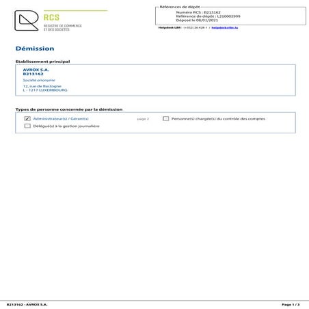 Démission administrateur Avrox