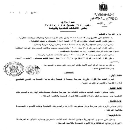 القرار الوزارى رقم  62 الاتحادات الطلابية والريادة