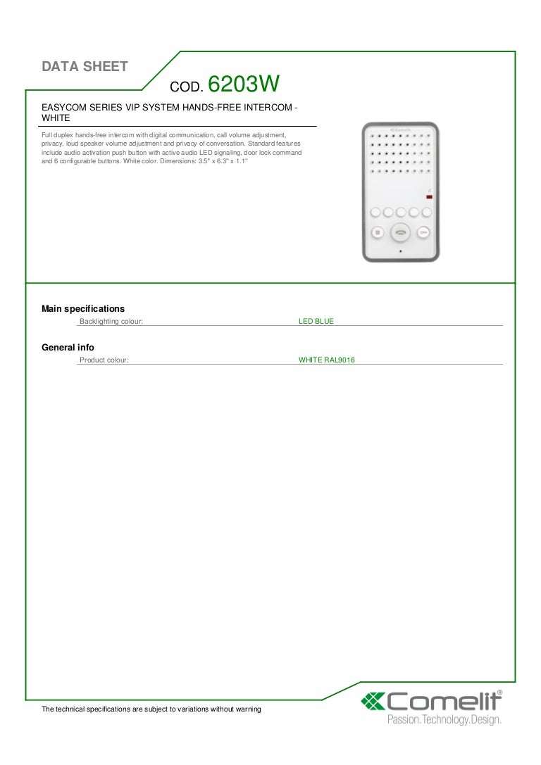 Comelit 6203W Data Sheet