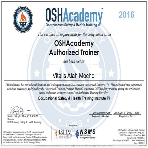 ATP - Occupational Safety & Health Training Institute Plc. 2016 | PDF