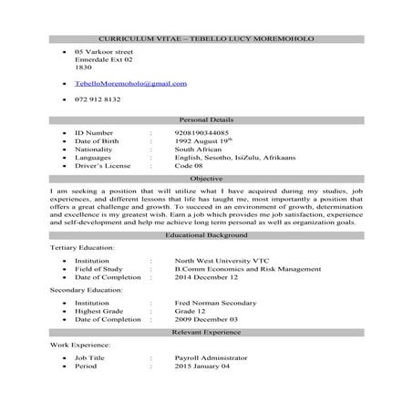 CURRICULUM VITAE TL MOREMOHOLO