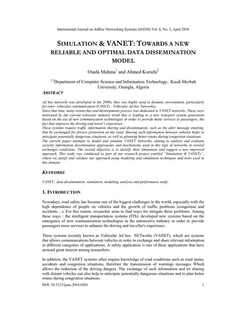 Simulation & VANET : Towards a New Reliable and Optimal Data Dissemination Model