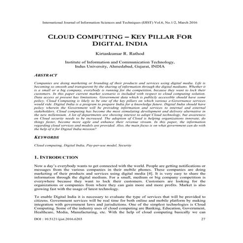 CLOUD COMPUTING – KEY PILLAR FOR DIGITAL INDIA