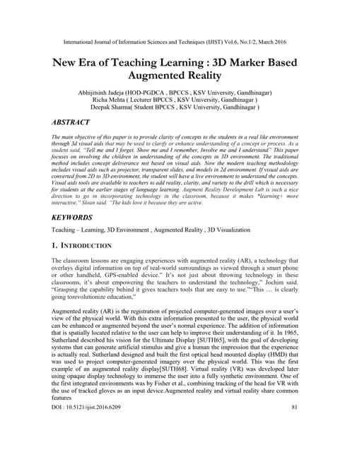New Era of Teaching Learning : 3D Marker Based Augmented Reality