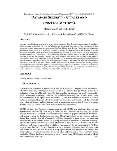 DATABASE SECURITY - ATTACKS AND CONTROL METHODS