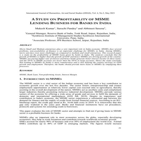 A STUDY ON PROFITABILITY OF MSME LENDING BUSINESS FOR BANKS IN INDIA