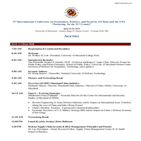 AGENDA_UMD Intl Conference on Economics Politics Security_China-USA_4.10.15