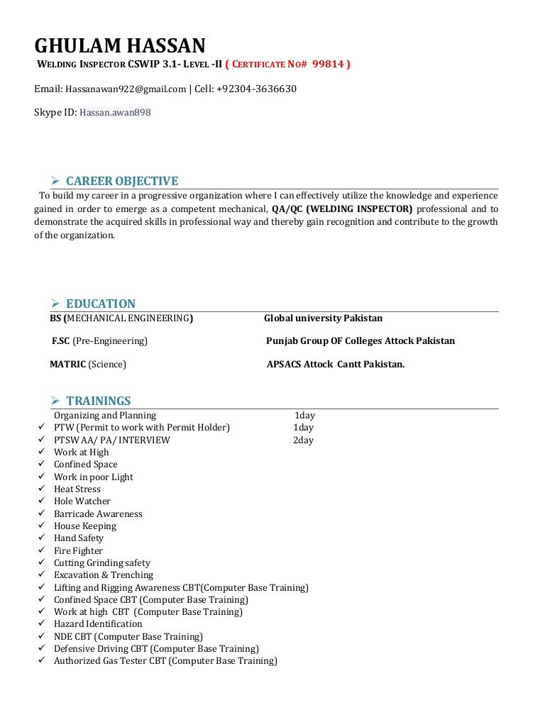 HASSAN AWAN QC Welding Inspector CV
