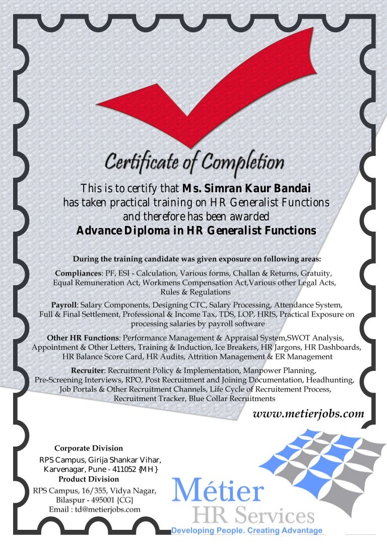 Certificate Of HR Generalist Training 2013 14