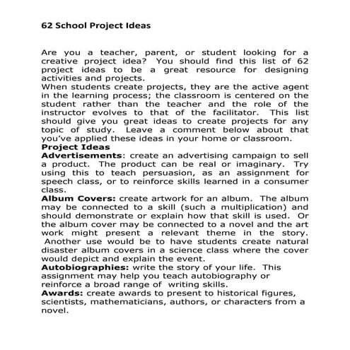 62 school project ideas