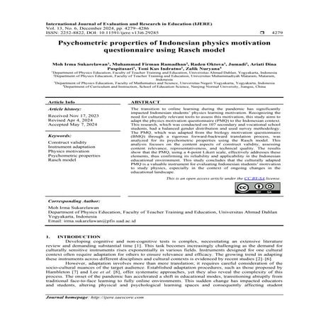 Psychometric properties of Indonesian physics motivation questionnaire ...