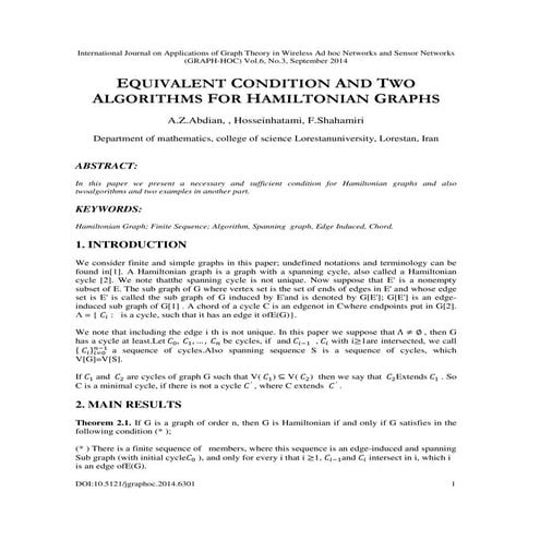 Equivalent Condition and Two Algorithms for Hamiltonian Graphs